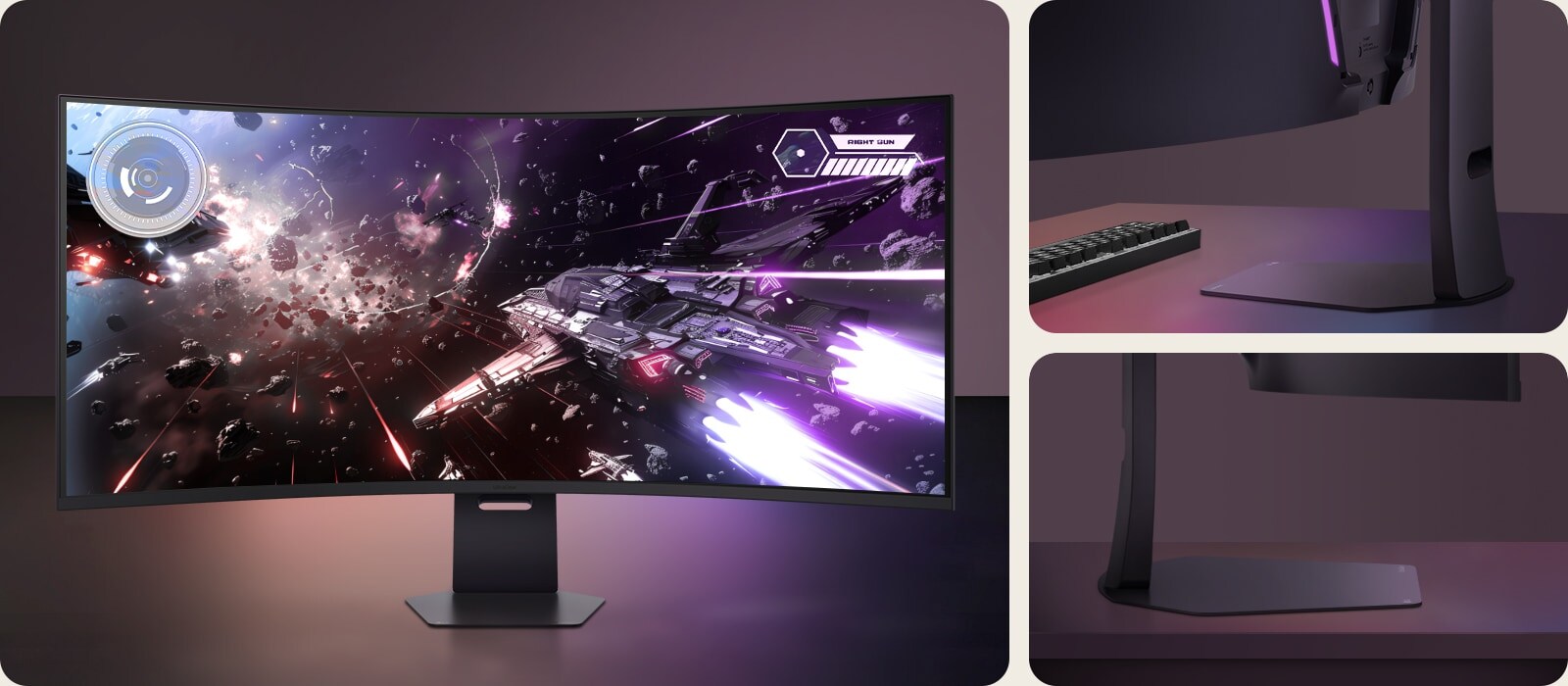 Prednji, stražnji i bočni prikaz monitora za igre LG UltraGear OLED sa zaobljenim dizajnom i elegantnom završnom obradom.