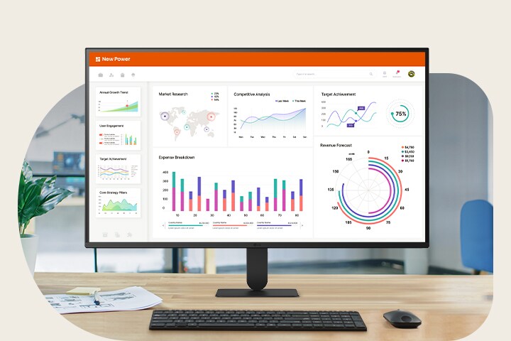 Monitor na stolu prikazuje poslovnu nadzornu ploču s grafikonima i analizama, ilustrirajući produktivnost.