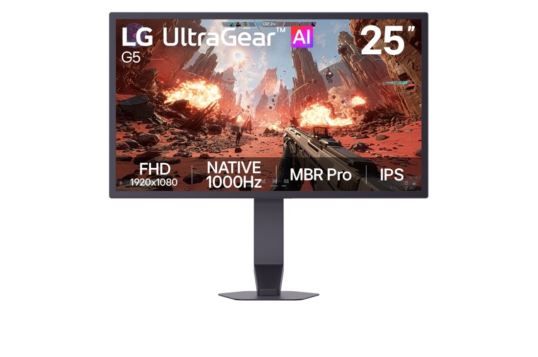 LG UltraGear G5 od 25 inča, prvi svjetski gaming monitor s NATIVNOM frekvencijom osvježavanja od 1000 Hz i FHD rezolucijom, Pogled sprijeda na gaming monitor UltraGear G5 (25G590B) koji prikazuje logotip UltraGear u FHD rezoluciji, s nativnom frekvencijom osvježavanja od 1000 Hz, tehnologijom MBR Pro i IPS tehnologijom., 25G590B-B, thumbnail 2