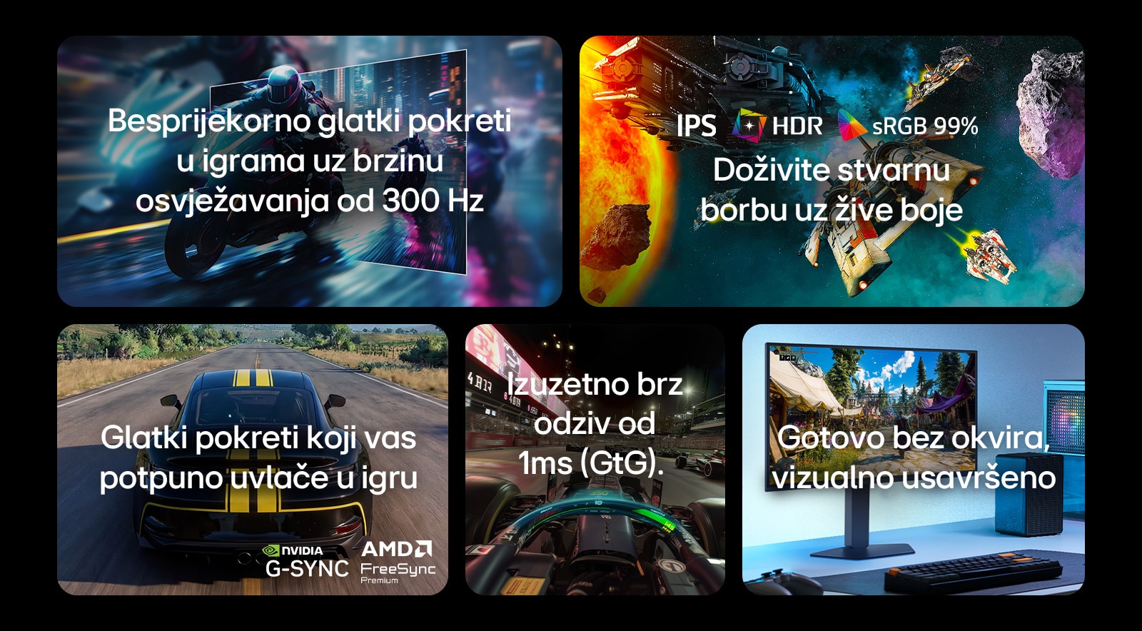 Na slici su prikazane ključne značajke LG gaming monitora: osvježavanje od 300Hz za iznimno glatki prikaz pokreta, IPS zaslon s HDR-om i sRGB 99 % za živopisne vizuale, glatko igranje uz podršku za NVIDIA G-SYNC i AMD FreeSync Premium, vrijeme odziva od 1ms(GtG) za brze akcijske igre te dizajn gotovo bez okvira za potpuno uranjajuće iskustvo.