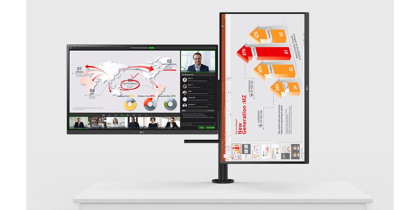 Postav s dva zaslona, jedan je postavljen vodoravno, a drugi okomito