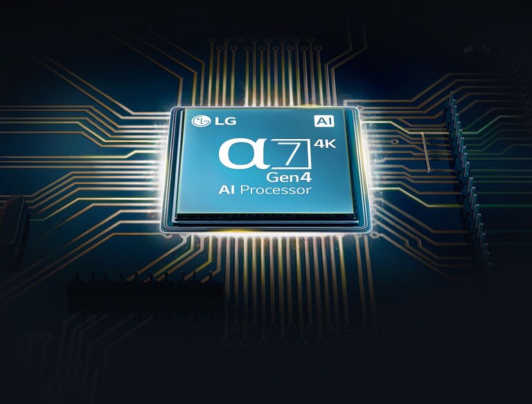 Slika četvrtastog čipa Alpha 7 s crtama svjetlosti koje zrače iz njega na crnoj pozadini.