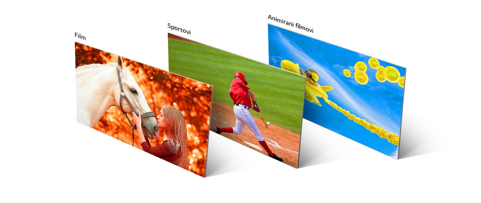 Tri slike, jedna prikazuje djevojke kako ljube konja, druga igrača bejzbola kako udara loptu, a treća prikazuje animirani avion kako leti nebom.