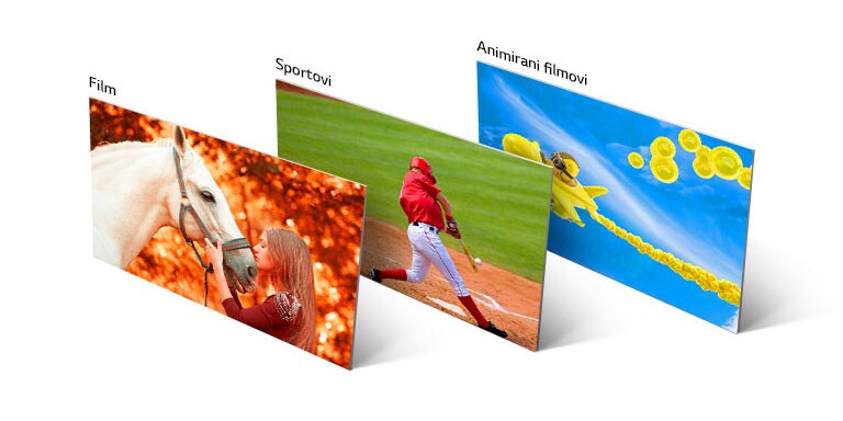 Tri slike, jedna prikazuje djevojke kako ljube konja, druga igrača bejzbola kako udara loptu, a treća prikazuje animirani avion kako leti nebom.