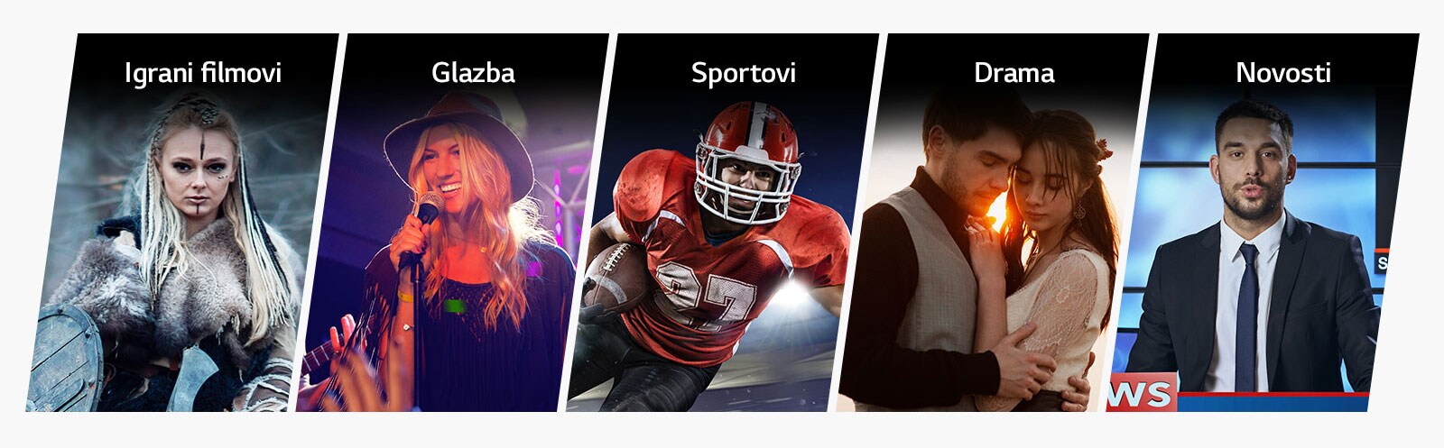 Pet okomitih naslovnih kartica za filmove, glazbu, sportove, dramske programe i vijesti.