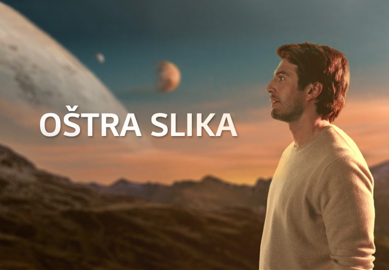 Čovjek koji stoji na planetu i gleda u jednom smjeru. Na slici se nalazi i tekst „OŠTRA SLIKA”.
