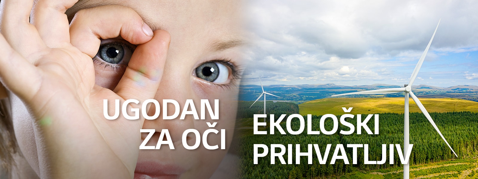 Prikaz dječjeg oka izbliza s lijeve strane i krajolika polja s vjetrenjačama.