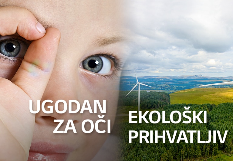 Prikaz dječjeg oka izbliza s lijeve strane i krajolika polja s vjetrenjačama.