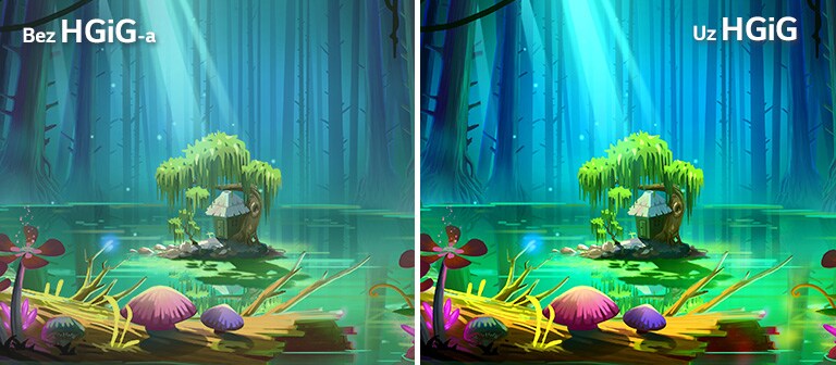 Animirana slika s kućicom i drvcem na malom tlu koje se nalazi usred jezerca okruženo visokim i golim drvećem, s tekstom „Uz HGIG-om” u gornjem desnom kutu, svjetlija je i bolje kvalitete u odnosu na onu bez HGiG-a.
