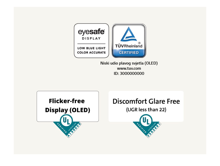 Logotip certifikata Eyesafe® i TÜV Rheinland o niskoj razni plavog svjetla. Logotip potvrde tvrtke Underwriter Laboratories o zaslonu bez treperenja.  Logotip potvrde tvrtke Underwriter Laboratories o zaslonu bez neugodnog odsjaja.
