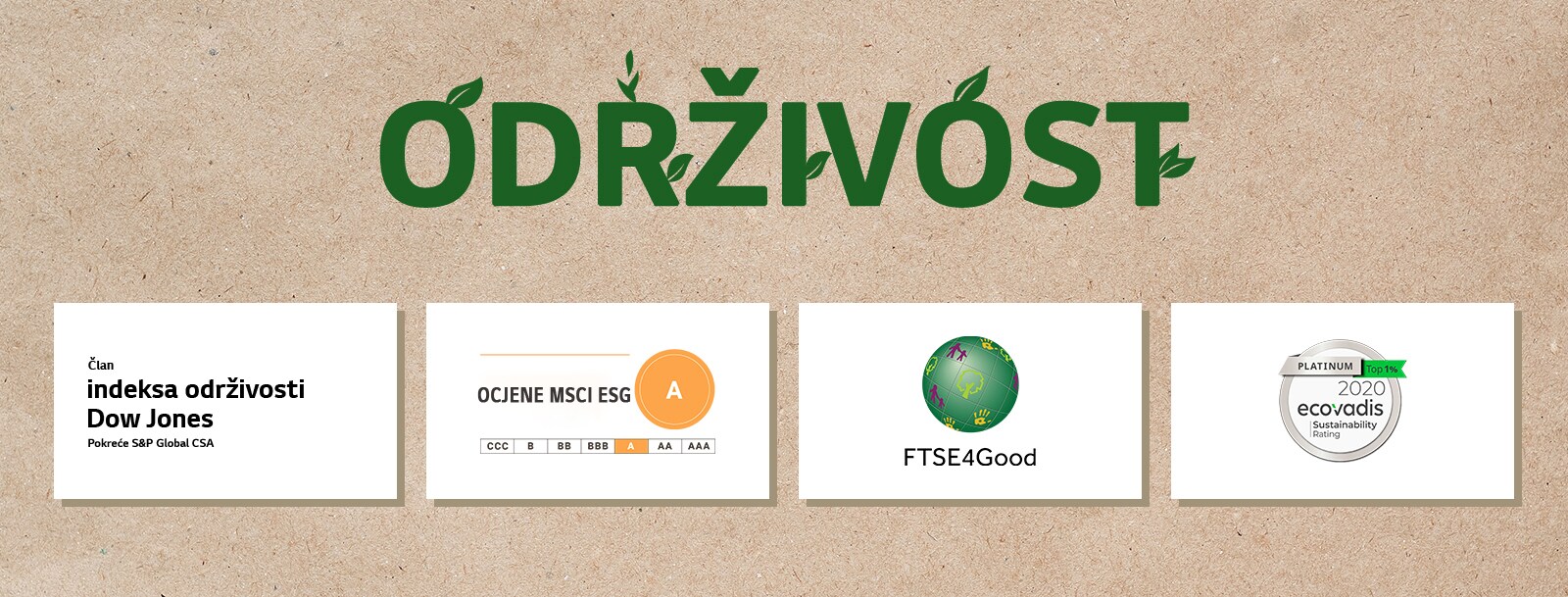 Logotip za indekse održivosti Dow Jones. Logotip za FTSE4Good. Logotip za ocjenu održivosti Ecovadis. Logotip za ocjene MSCI ESG.