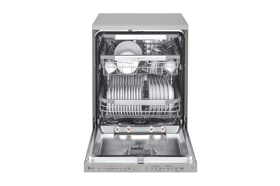 LG QuadWash™ perilica posuđa s TrueSteam™ tehnologijom pranja vodenom parom, vrata s automatskim otvaranjem, 14 kompleta posuđa, ThinQ™, WiFi funkcija, Pogled sprijeda s otvorenim vratima, DF455HPS, thumbnail 3