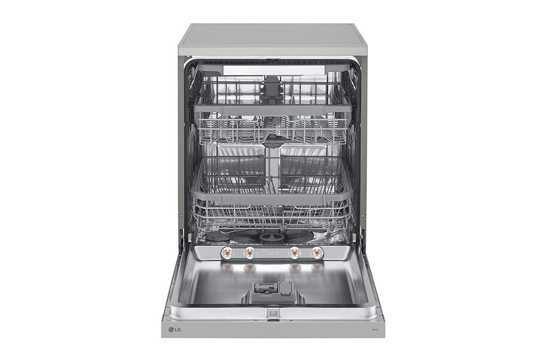 LG QuadWash™ perilica posuđa s TrueSteam™ tehnologijom pranja vodenom parom, vrata s automatskim otvaranjem, 14 kompleta posuđa, ThinQ™, WiFi funkcija, Front view with door open, DF365FPS, thumbnail 2