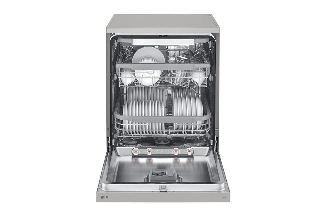 LG QuadWash™ perilica posuđa s TrueSteam™ tehnologijom pranja vodenom parom, vrata s automatskim otvaranjem, 14 kompleta posuđa, ThinQ™, WiFi funkcija, Front view with door open, DF365FPS, thumbnail 3