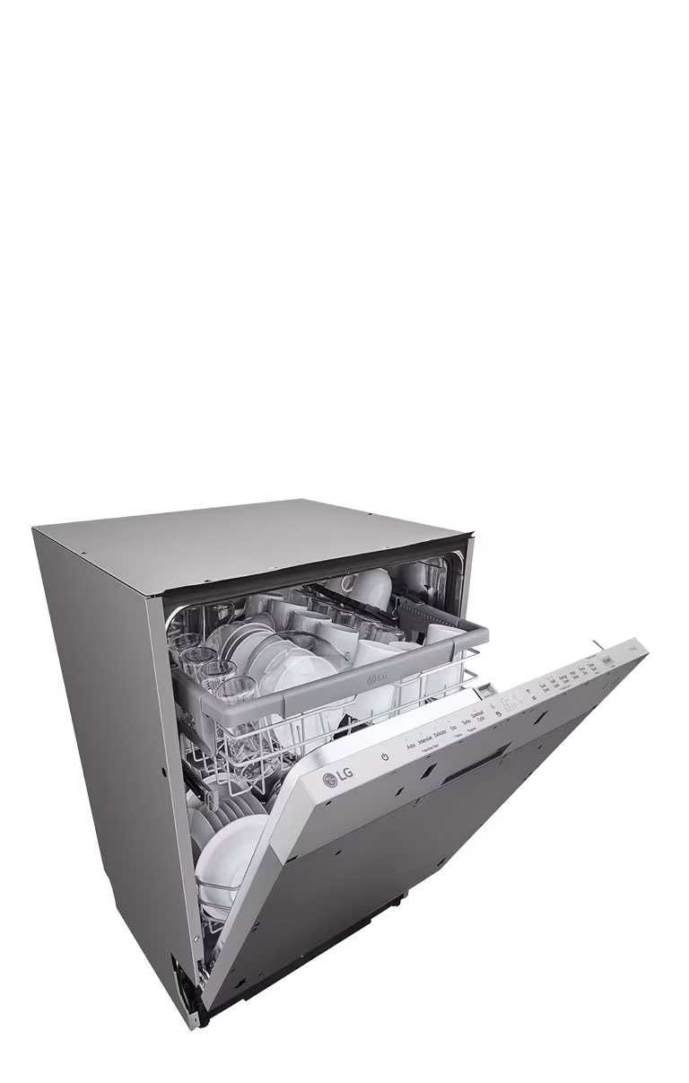 Slika prikazuje perilicu posuđa sa djelomično otvorenim vratima