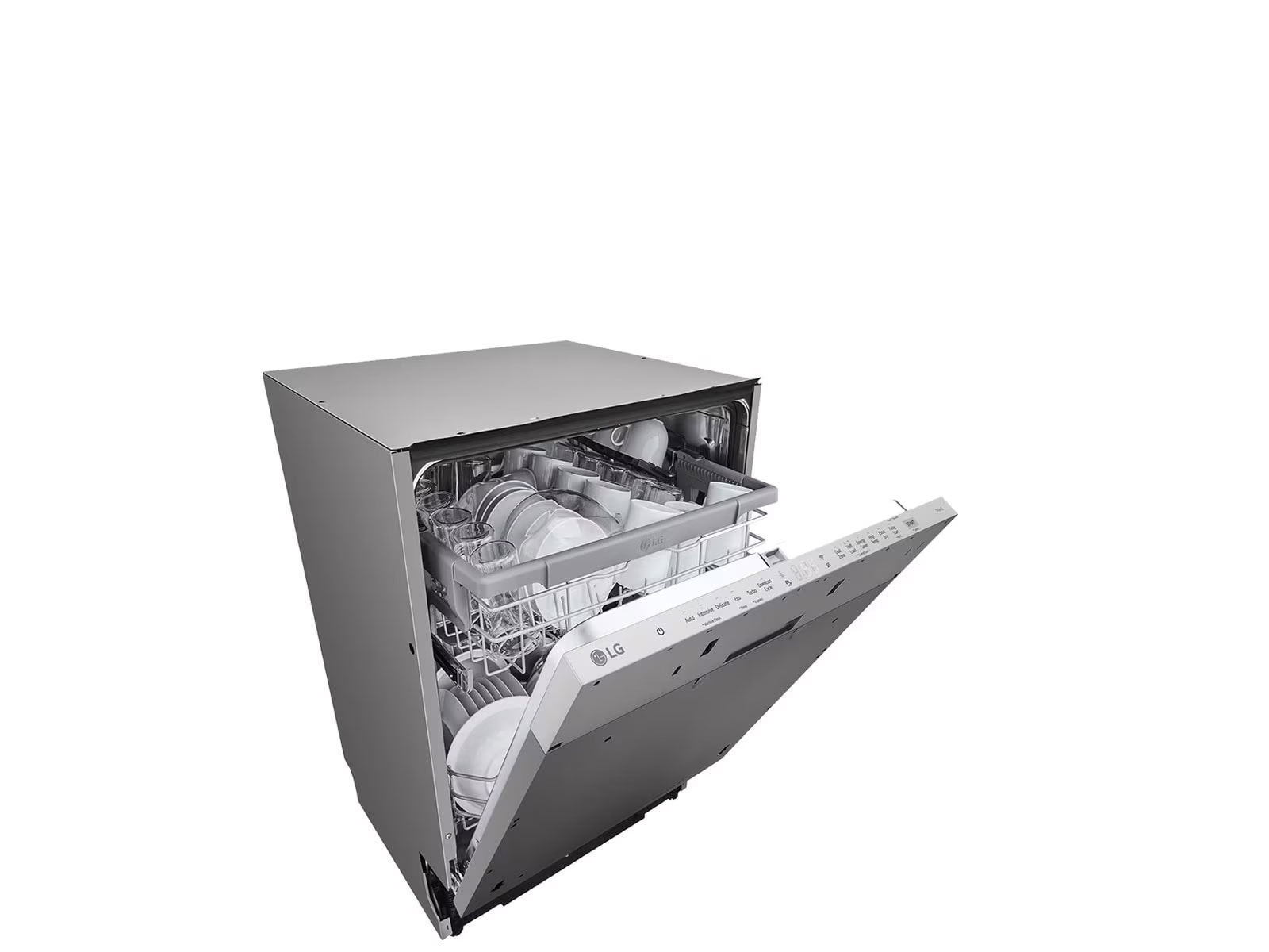 Slika prikazuje perilicu posuđa sa djelomično otvorenim vratima