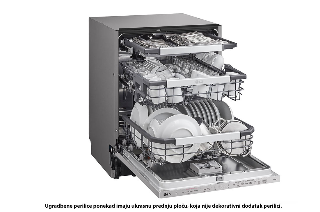 LG QuadWash™ ugradbena perilica posuđa s TrueSteam™ tehnologijom pranja vodenom parom, vrata s automatskim otvaranjem, 14 kompleta posuđa, ThinQ™ WiFi funkcija, Изглед от дясна страна с отворена врата, DB475TXS, thumbnail 9