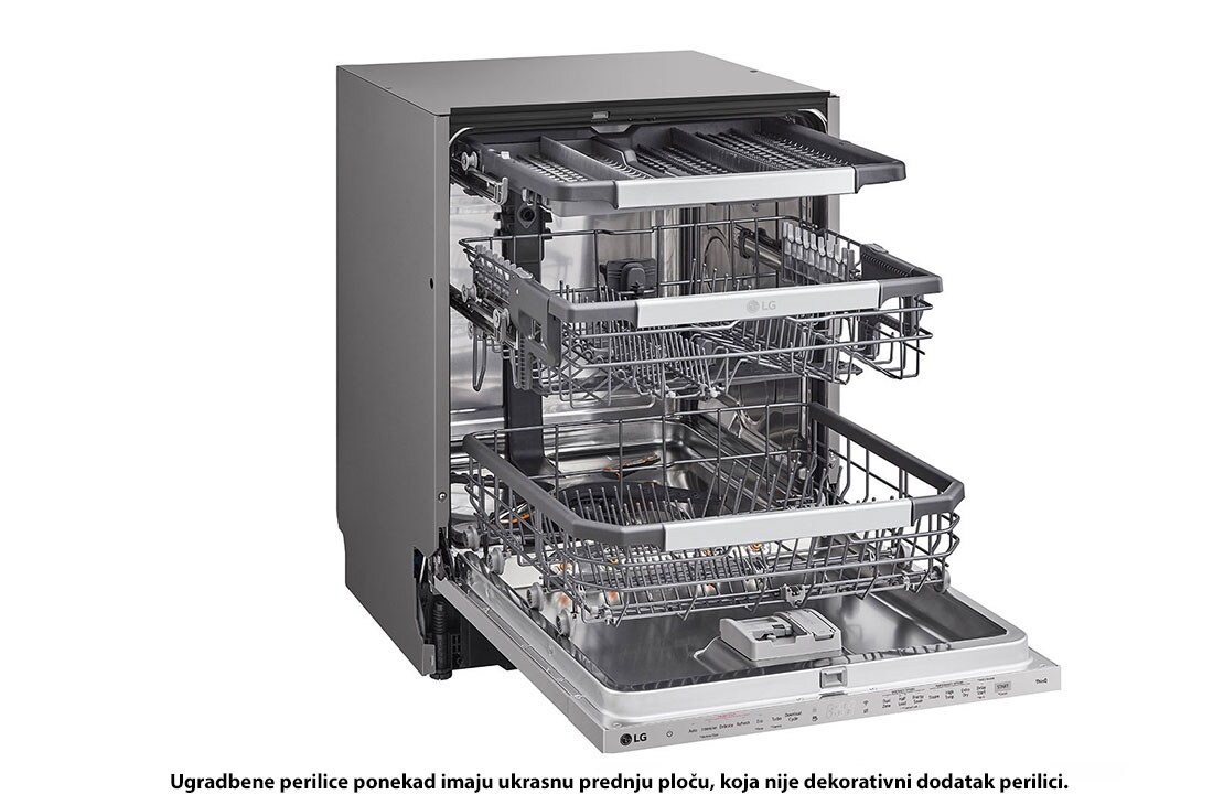 LG QuadWash™ ugradbena perilica posuđa s TrueSteam™ tehnologijom pranja vodenom parom, vrata s automatskim otvaranjem, 14 kompleta posuđa, ThinQ™ WiFi funkcija, Изглед от дясна страна с отворена врата, DB475TXS, thumbnail 10