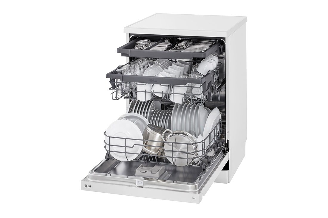 LG QuadWash™ perilica posuđa s TrueSteam™ tehnologijom pranja vodenom parom, 14 kompleta posuđa, ThinQ™, WiFi funkcija, right side wide open with utensils stored, DF243FWS, thumbnail 12