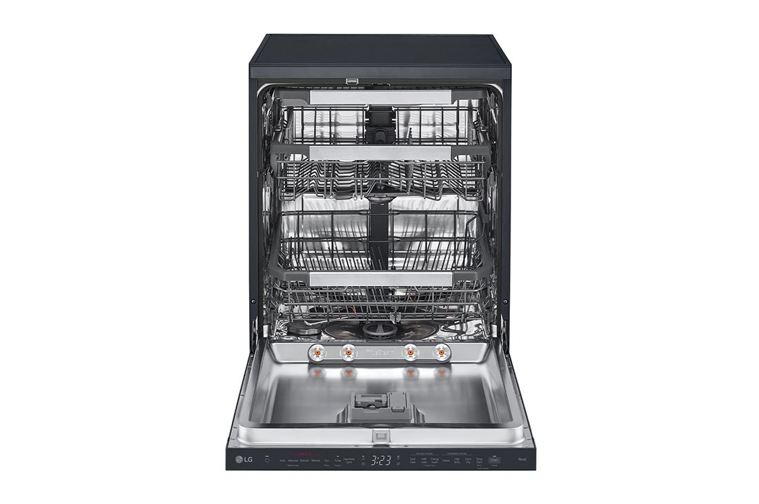 LG QuadWash™ perilica posuđa s TrueSteam™ tehnologijom pranja vodenom parom, vrata s automatskim otvaranjem, 14 kompleta posuđa, ThinQ™ WiFi funkcija, front open with utensils stored, DF587HMS, thumbnail 2
