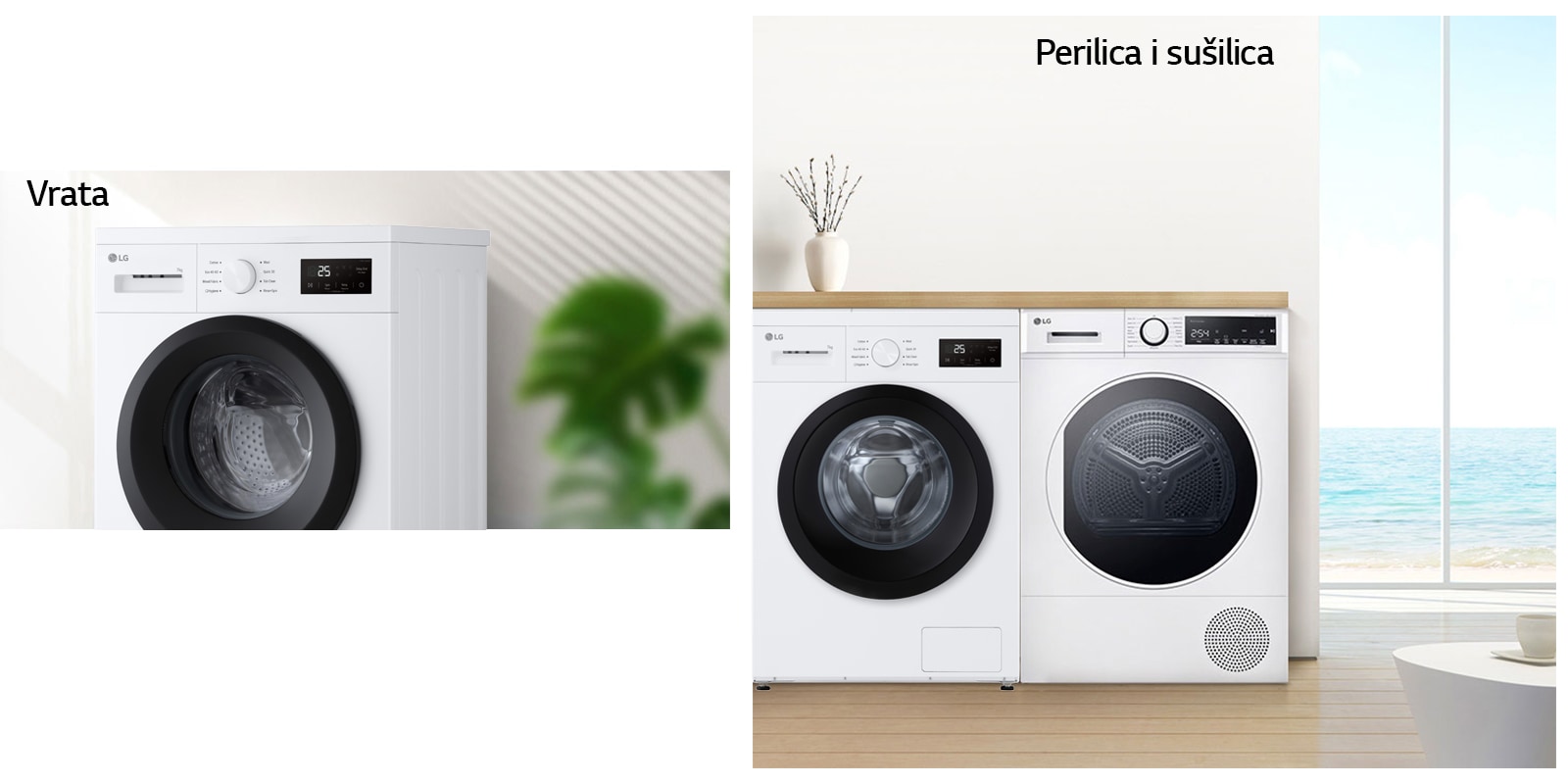 U pozadini je detalj prostorije u kojoj su perilica i sušilica rublja smještene jedna do druge. U pozadini je detalj sobe s perilicom rublja s jasno vidljivim vratima.