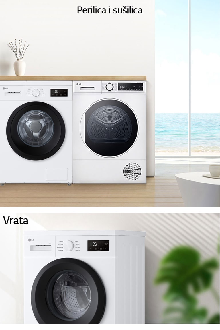 U pozadini je detalj prostorije u kojoj su perilica i sušilica rublja smještene jedna do druge. U pozadini je detalj sobe s perilicom rublja s jasno vidljivim vratima.