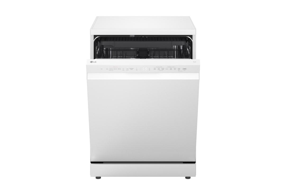 LG QuadWash™ perilica posuđa s TrueSteam™ tehnologijom pranja vodenom parom, vrata s automatskim otvaranjem, 14 kompleta posuđa, ThinQ™ WiFi funkcija, Pogled sprijeda s otvorenim vratima, DF273FWS, thumbnail 4