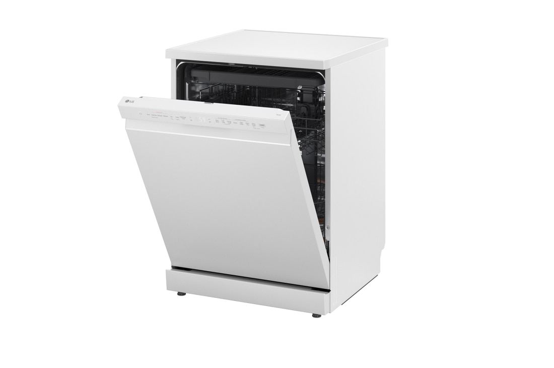 LG QuadWash™ perilica posuđa s TrueSteam™ tehnologijom pranja vodenom parom, vrata s automatskim otvaranjem, 14 kompleta posuđa, ThinQ™ WiFi funkcija, Pogled s desne strane s otvorenim vratima, DF273FWS, thumbnail 12