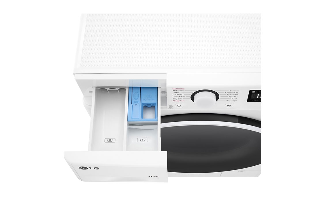 LG 10 kg, max. 1400 okr./min., Perilica rublja sa parom, TurboWash™360 i AI DD™ tehnologija, Pogled na dozator deterdženta i sredstva za ispiranje, F4WR510S0W, thumbnail 7