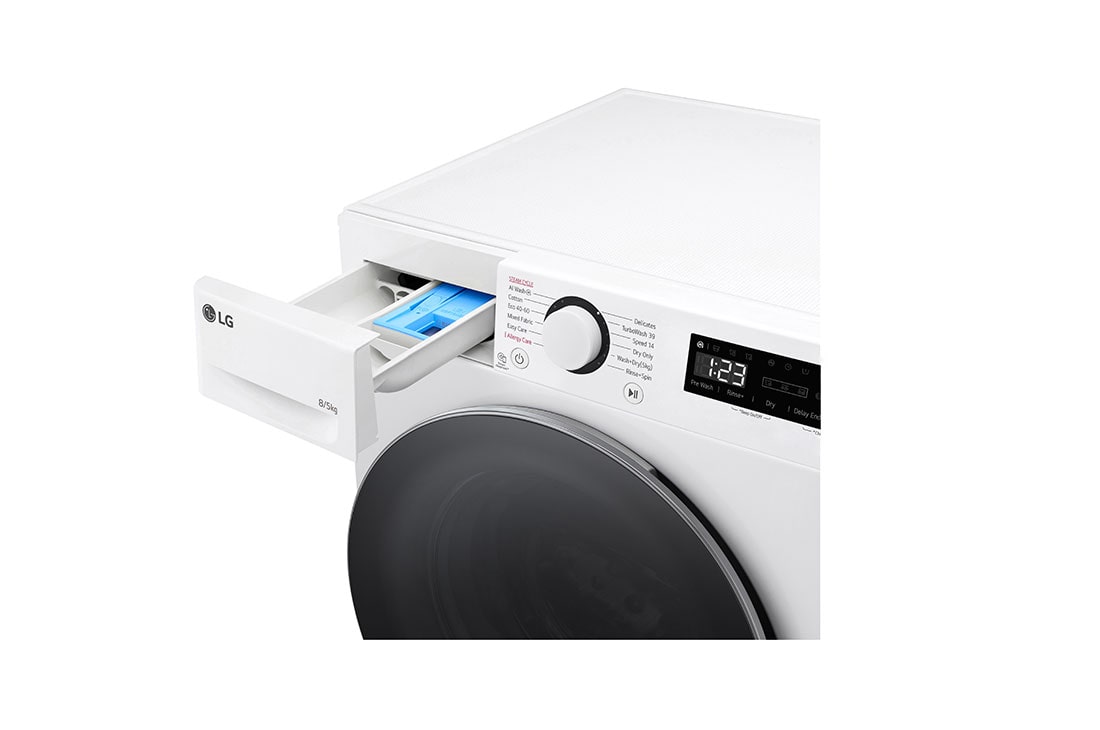 LG 8/5 kg, max. 1200 okr./min., Perilica-sušilica sa parom, TurboWash™360 i AI DD™ tehnologija, Slim, Pogled na dozator deterdženta i sredstva za ispiranje, F2DR508S1W, thumbnail 5