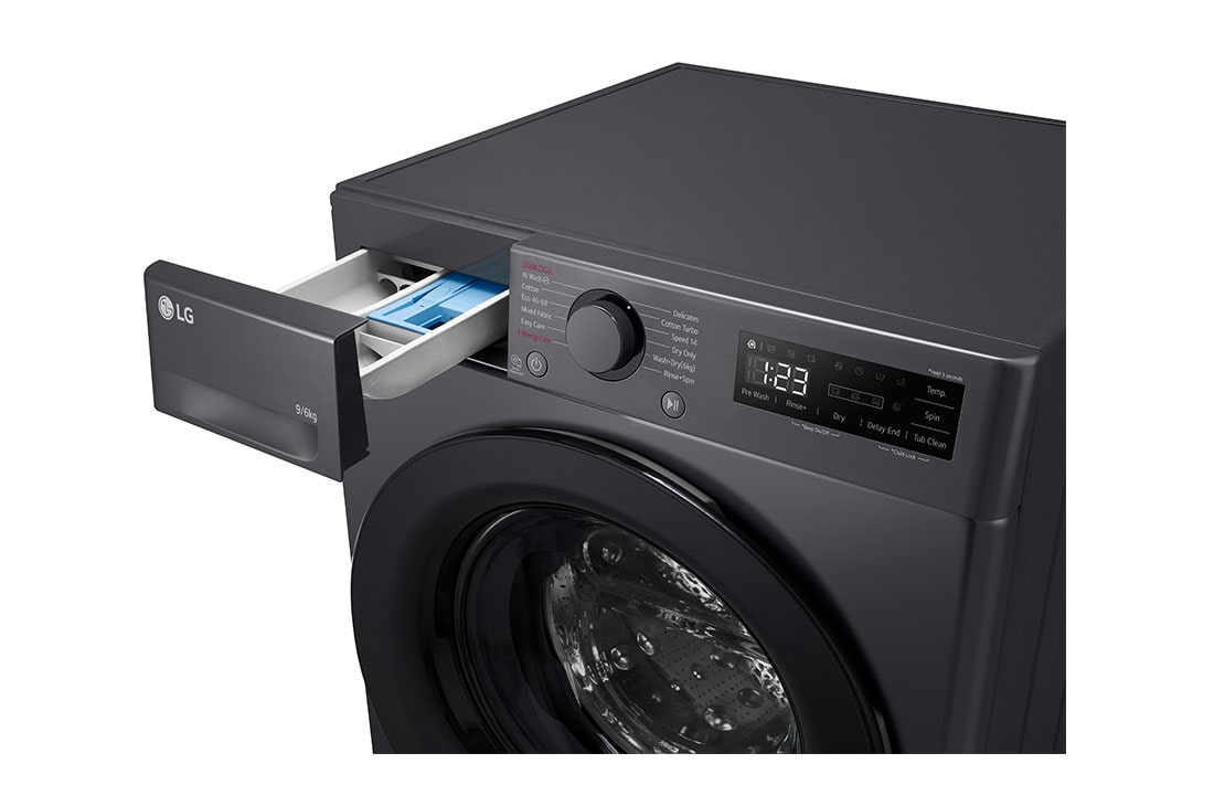 LG 9/6 kg, max. 1400 okr./min., Perilica-sušilica sa parom, AI DD™ tehnologija, Pogled na dozator deterdženta i sredstva za ispiranje, F4DR509SBM, thumbnail 6