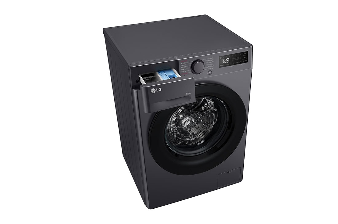 LG 9/6 kg, max. 1400 okr./min., Perilica-sušilica sa parom, AI DD™ tehnologija, Pogled odozgo s otvorenim dozatorom deterdženta i sredstva za ispiranje, F4DR509SBM, thumbnail 9