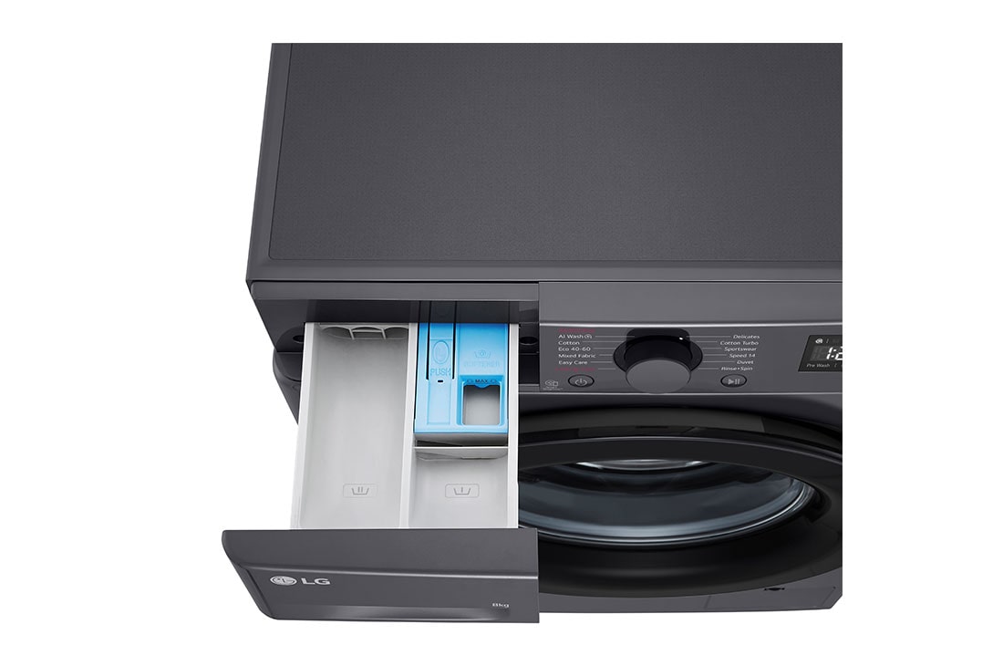 LG 8 kg, max. 1200 okr./min., Perilica rublja sa parom, AI DD™ tehnologija, Slim, Pogled na dozator deterdženta i sredstva za ispiranje, F2WR508SBM, thumbnail 7
