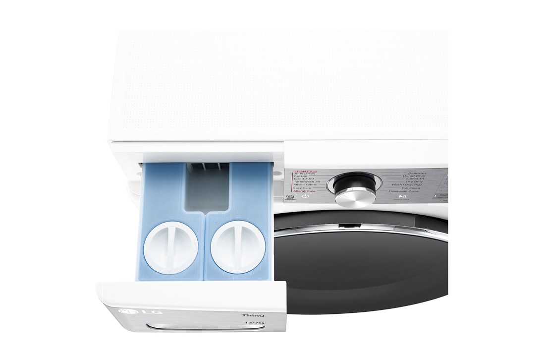 LG 13/7 kg, max. 1400 okr./min.,  Perilica-sušilica sa parom, TurboWash™360, AI DD™ tehnologija i WiFi funkcija, Pogled na dozator deterdženta i sredstva za ispiranje, F4DR913P3WA, thumbnail 7