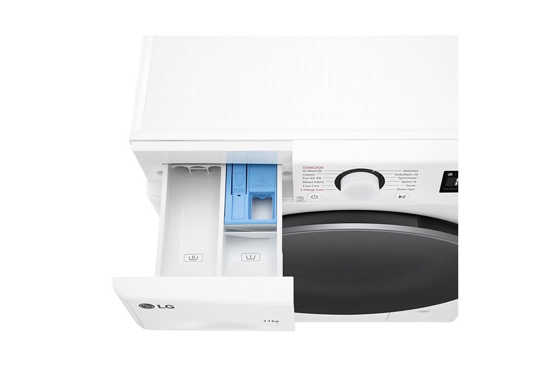 LG 11 kg, max. 1400 okr./min., Perilica rublja sa parom, TurboWash™360, AI DD™ tehnologija , Pogled na dozator deterdženta i sredstva za ispiranje, F4WR511S1W, thumbnail 7