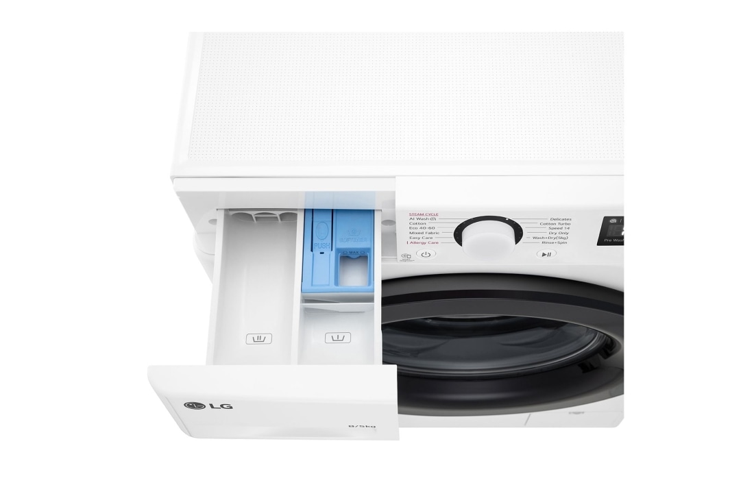 LG 8/5 kg, max. 1200 okr./min., Perilica-sušilica sa parom, AI DD™ tehnologija, Slim, Pogled na dozator deterdženta i sredstva za ispiranje, F2DR508SBW, thumbnail 7