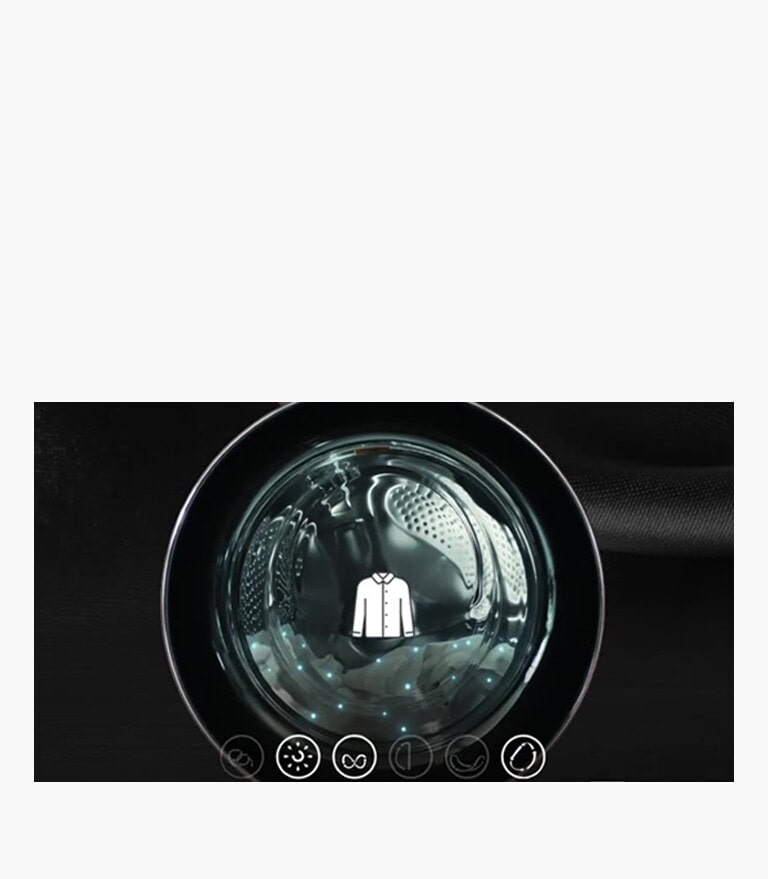 Slika prikazuje uređaj tijekom pranja i ilustrira kako AI tehnologija detektira punjenje.