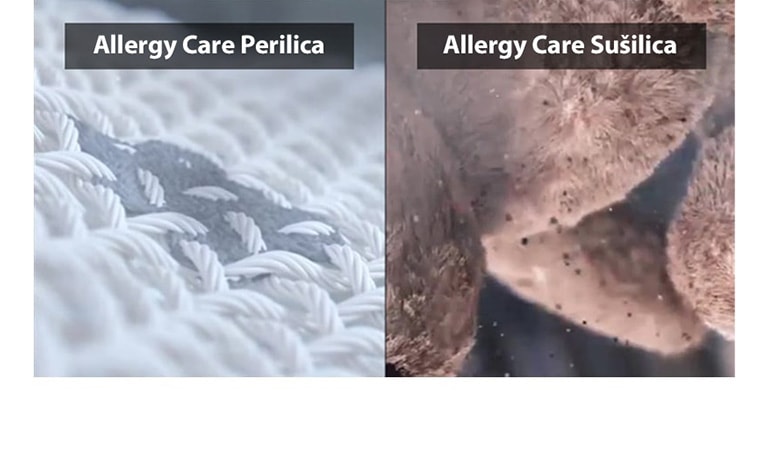 Video prikazuje kako uređaj uklanja alergene s odjeće tijekom pranja i s medvjedića tijekom sušenja.