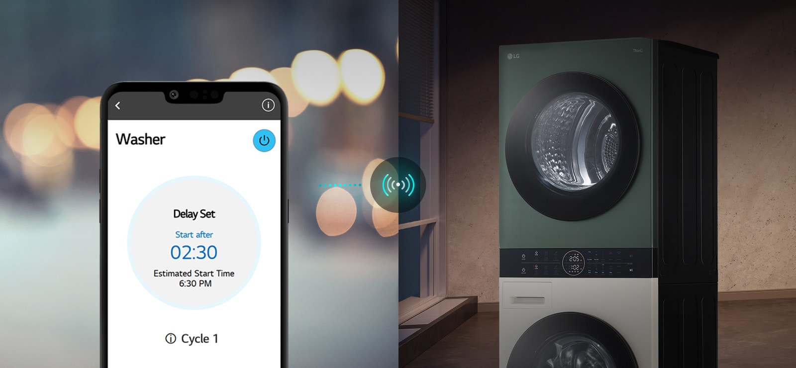 Slika prikazuje mobilni telefon koji vani prati ciklus pranja u aplikaciji ThinQ i WashTower kod kuće.