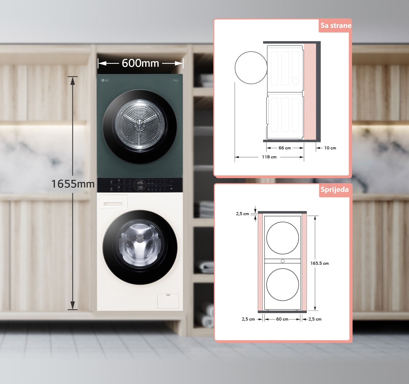 Na slici je prikazan dizajn prostora potrebnog za postavljanje WashTower-a. Straga je potreban razmak od 10 cm, a sa svake strane 2,5-2,5 cm.