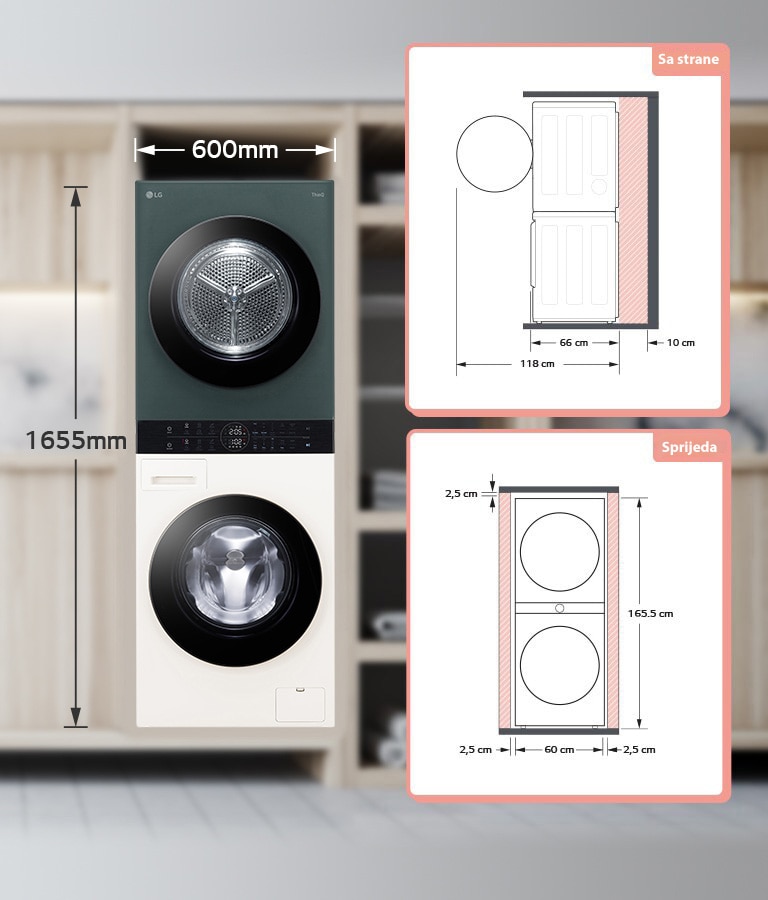 Na slici je prikazan dizajn prostora potrebnog za postavljanje WashTower-a. Straga je potreban razmak od 10 cm, a sa svake strane 2,5-2,5 cm.