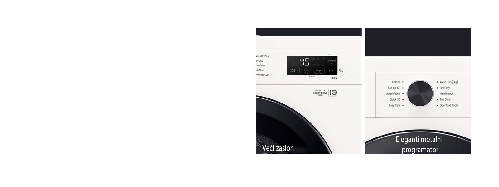 Dizajn LG perilice‑sušilice s većim zaslonom i metalnim upravljačkim gumbom u krupnom planu.