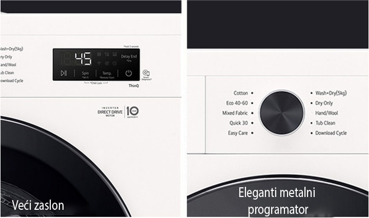 Dizajn LG perilice‑sušilice s većim zaslonom i metalnim upravljačkim gumbom u krupnom planu.