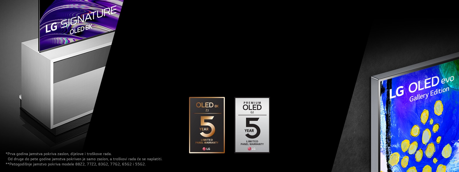 Lijeva strana slike prikazuje bočni prikaz modela LG OLED Z2 sa samostojećim stalkom. Desna strana prikazuje Gallery Design modela LG OLED G2. Logotipovi petogodišnjeg jamstva nalaze se u sredini slike.