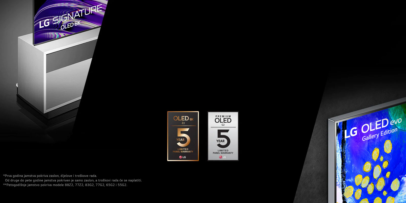 Lijeva strana slike prikazuje bočni prikaz modela LG OLED Z2 sa samostojećim stalkom. Desna strana prikazuje Gallery Design modela LG OLED G2. Logotipovi petogodišnjeg jamstva nalaze se u sredini slike.
