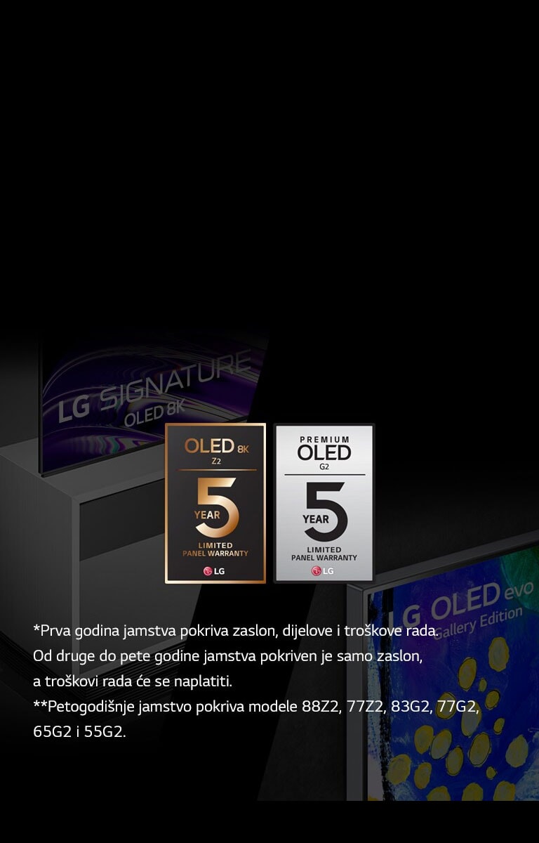 Lijeva strana slike prikazuje bočni prikaz modela LG OLED Z2 sa samostojećim stalkom. Desna strana prikazuje Gallery Design modela LG OLED G2. Logotipovi petogodišnjeg jamstva nalaze se u sredini slike.