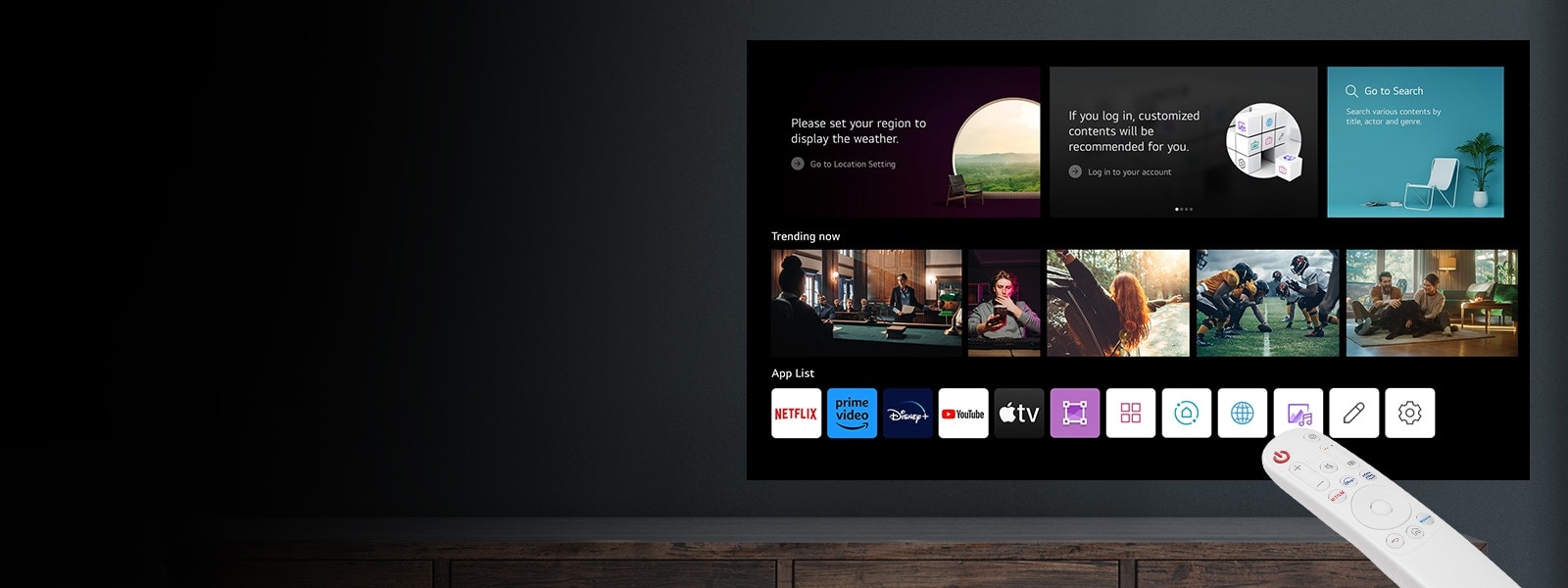 Slika webOS početnog zaslona i daljinskog upravljača.