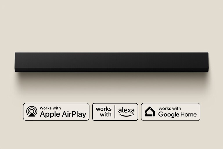 Pogled odozgo na kućno kino LG Soundbar. Logotip Apple AirPlay Logotip Amazon Alexa Logotip Google Home
