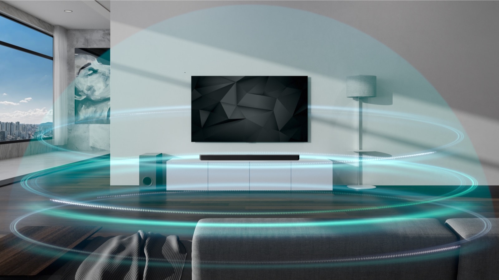 Zvučni valovi u obliku plave kupole i s tri sloja prekrivaju Sound Bar i televizor u dnevnom boravku. Oznaka NOVO prikazana je u gornjem lijevom kutu.