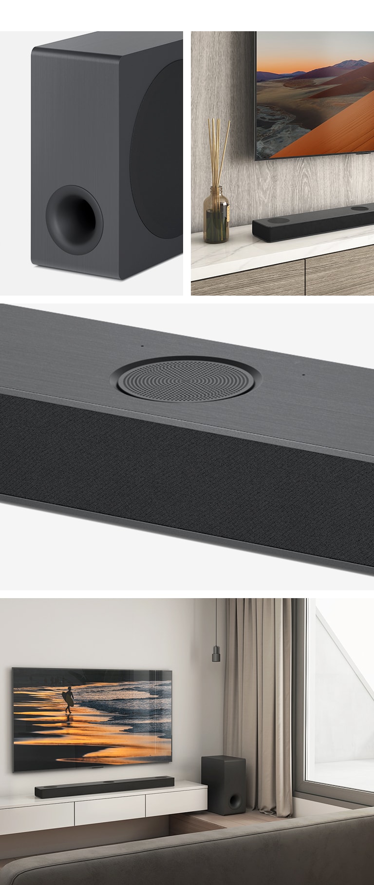 Kolaž. S lijeve strane, slika niskofrekvencijskog zvučnika, prikaz izbliza LG televizora na čijem se zaslonu prikazuje planina, a LG Sound Bar nalazi se ispod. S lijeve strane, u smjeru kazaljke na satu od vrha prema dolje: prikaz izbliza središnjeg kanala usmjerenog prema gore. LG Sound Bar, niskofrekvencijski zvučnik i LG TV koji prikazuje zalazak sunca na plaži postavlja se u dnevnoj sobi.